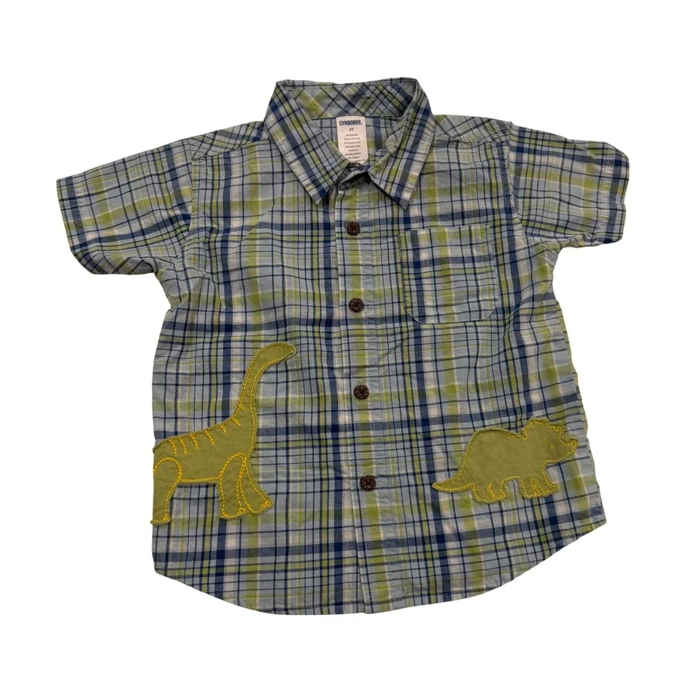 2006 Gymboree Boys Blue Green Plaid Dinosaur Applique Button Down Shirt 2T VTG